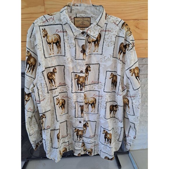 Bit & Bridle Western Horse Button-Down Shirt XL Equestrian Blouse Tan Women's - Picture 2 of 10